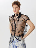 Mens Hollow Floral Embroidered Short Sleeve Shirt SKUK59932