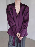 Mens Solid Satin V-Neck Long Sleeve Shirt SKUK53587