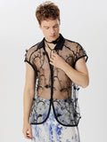 Mens Hollow Floral Embroidered Short Sleeve Shirt SKUK59932
