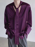 Mens Solid Satin V-Neck Long Sleeve Shirt SKUK53587