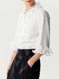 Mens Ruffle Trim Texture 3/4 Sleeve Shirt SKUK48118